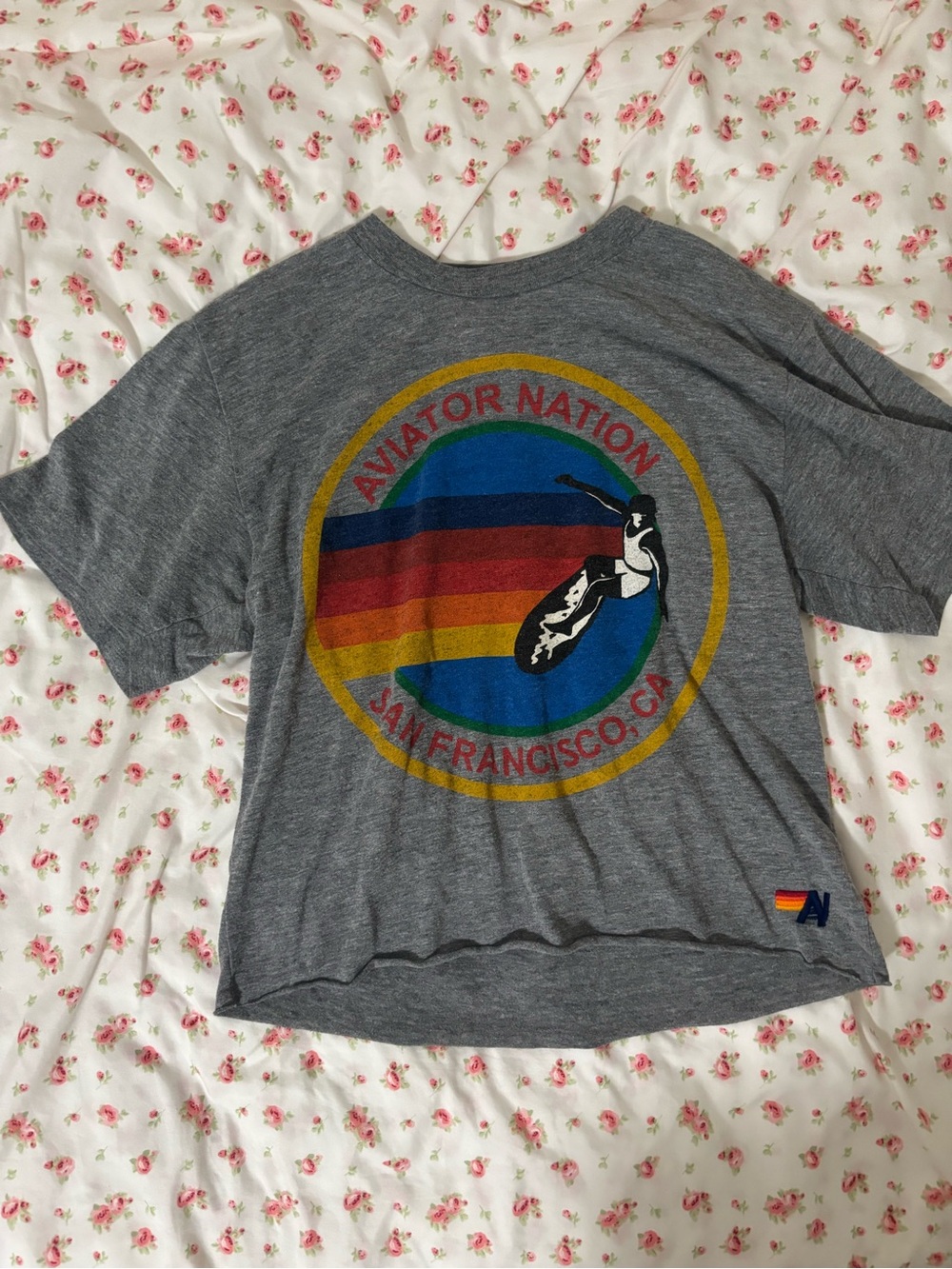 Aviator Nation Gray Tee with Rainbow Striped Surfer Logo